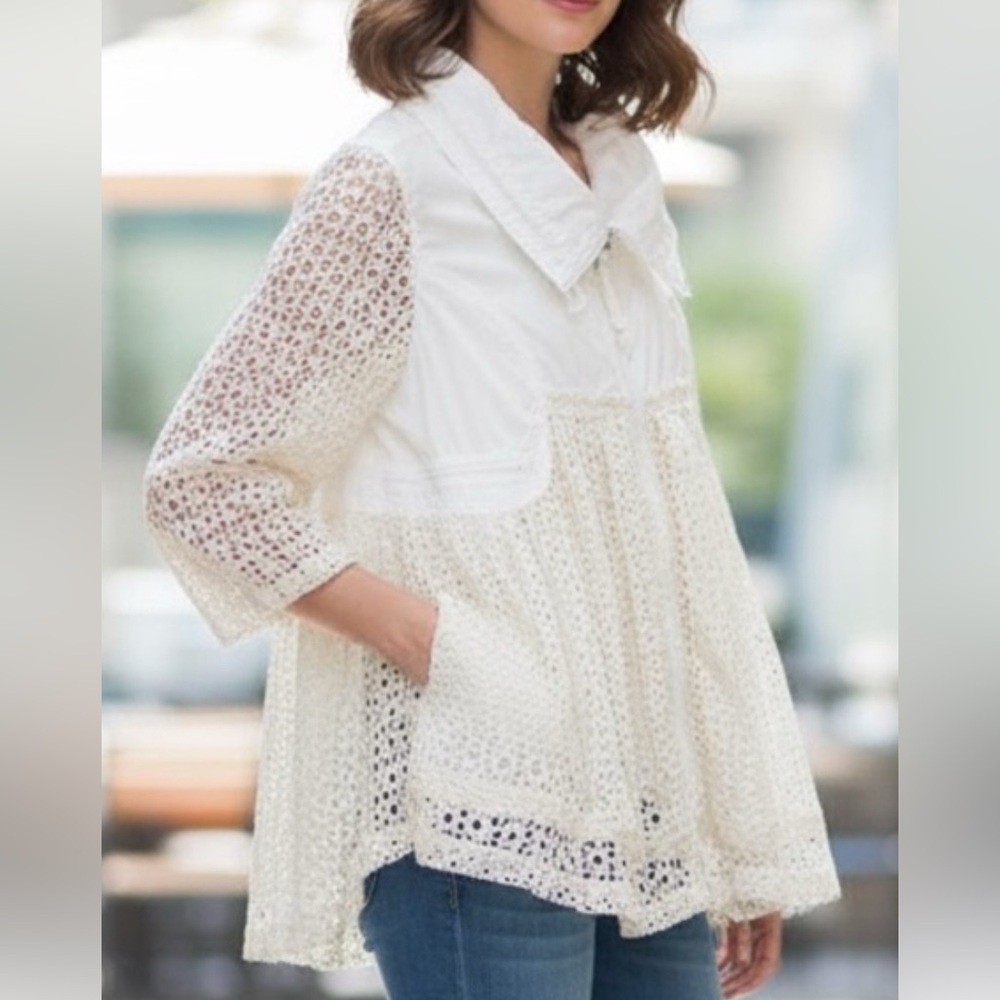 Anthropologie Hei Hei White Eyelet Lace Mixed Media Windbreaker Jacket size M